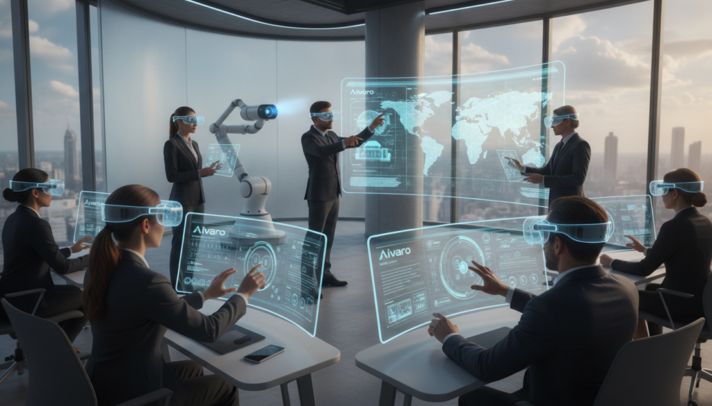 A futuristic classroom with advanced smart tools for education, showcasing sleek, high-tech devices produced by Aivaro. In the foreground, a diverse group of professional adults, dressed in smart business attire, engage with hybrid virtual reality headsets and interactive touchscreens. The middle ground features sophisticated AI-powered educational tools, such as holographic projectors and digital whiteboards, all glowing softly with ambient blue and green lighting. The background depicts a modern classroom environment with large windows allowing natural light to flood in, creating an inspiring atmosphere. The overall mood is innovative and dynamic, highlighting the integration of AI in everyday learning and research scenarios, captured from a slightly elevated angle to emphasize the interaction among users and devices.