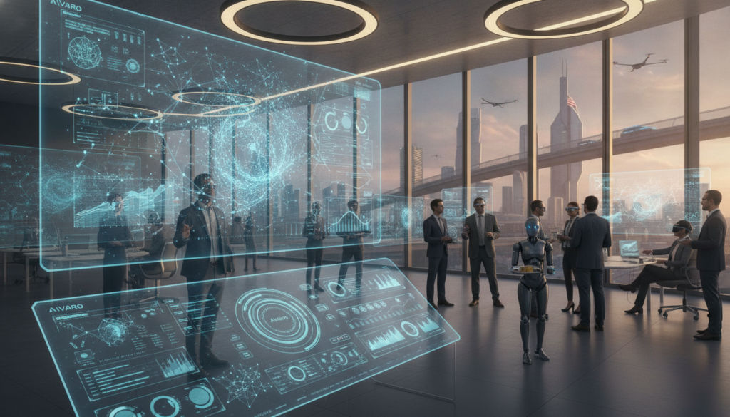 A futuristic office environment showcasing advanced artificial intelligence tools by Aivaro. In the foreground, a sleek interactive touchscreen displays complex data analytics and AI algorithms, with holographic projections illustrating neural networks. The middle ground features professionals in business attire collaborating, engaged in discussions around AI advancements, surrounded by cutting-edge devices like robotic assistants and virtual reality headsets. In the background, large windows reveal a city skyline with drones and smart vehicles, symbolizing technological progress in America. Soft, ambient lighting casts a warm glow, creating a focused yet innovative atmosphere. The angle is slightly elevated, providing a panoramic view of this dynamic workspace, capturing the essence of AI developments shaping the future.