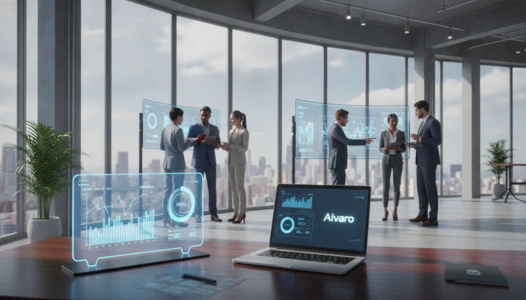 A futuristic office environment showcasing innovative AI tools designed for American businesses in 2027. In the foreground, a polished wooden desk features sleek, advanced gadgets like a holographic interface displaying real-time data and productivity analytics, alongside a stylish laptop branded with "Aivaro". The middle ground presents professionals dressed in smart business attire, collaborating over digital tablets and screens, illustrating teamwork in a tech-driven setting. The background reveals a modern office space with large windows letting in natural light, casting soft shadows that enhance the atmosphere of innovation and progress. Use a wide-angle lens for an immersive perspective, capturing the dynamic mood of a bustling, forward-thinking workplace.