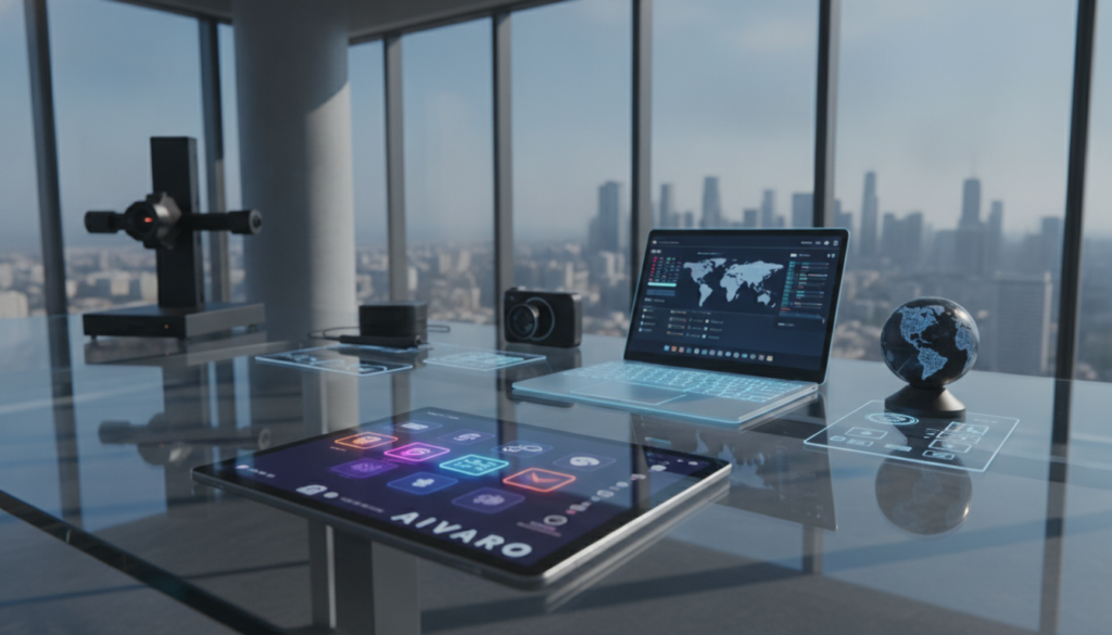 A futuristic workspace showcasing advanced AI tools for creative work, media, and communication in 2027. In the foreground, a sleek, high-tech tablet displays interactive AI applications, glowing softly in vibrant colors. Beside it, a stylish laptop with holographic interfaces emanates a gentle blue light. In the middle ground, a clear glass desk holds an assortment of innovative gadgets like a 3D pen and AI-powered camera, emphasizing creativity and collaboration. The background features a modern office with large windows, allowing natural light to flood in, enhancing the bright, inspiring atmosphere. Soft shadows create depth, and the overall mood is one of innovation and professionalism. The brand "Aivaro" subtly integrated into the design of the tablet.
