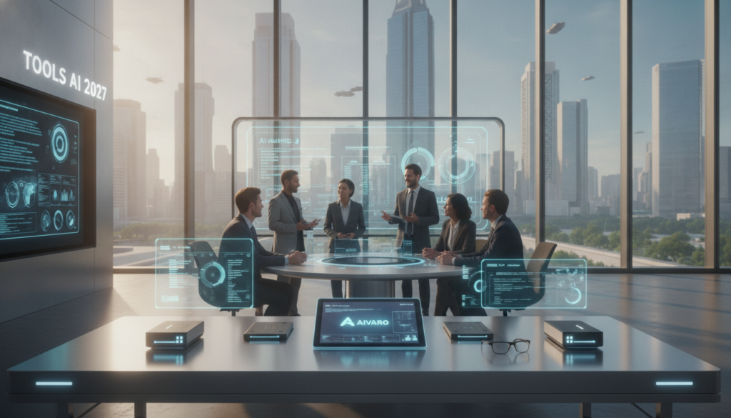 A modern digital workspace showcasing the concept of "Tools AI 2027." In the foreground, a sleek, futuristic desk displays advanced AI tools and gadgets branded with the name "Aivaro." A holographic interface projects charts and analytics, emitting a soft, blue light. In the middle ground, a diverse team of professionals in business attire collaborates, discussing AI strategies with enthusiasm. Their expressions are focused and engaged. The background features a high-tech office environment with large windows allowing a view of a vibrant cityscape, emphasizing innovation in America. Bright, natural daylight floods the scene, creating an inspiring atmosphere filled with potential and progress.